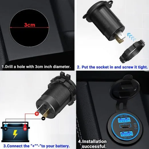 12V USB Einbau Steckdose USB 3.0 + USB C