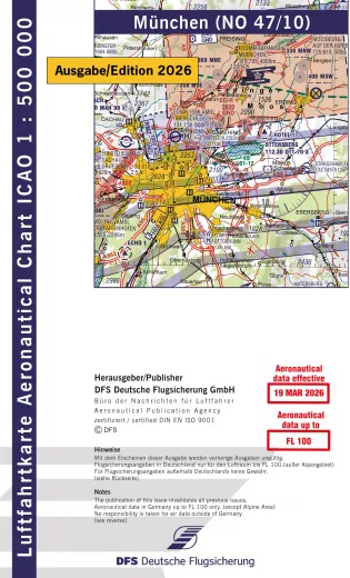 ICAO-Karte, Blatt München (Ausgabe 2026), Motorflug 1:500.000 (Papier)
