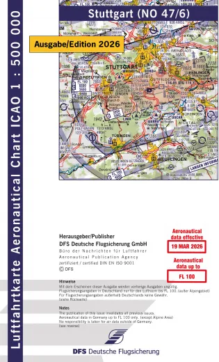 ICAO-Karte, Blatt Stuttgart (Ausgabe 2026), Motorflug 1:500.000 (Papier)