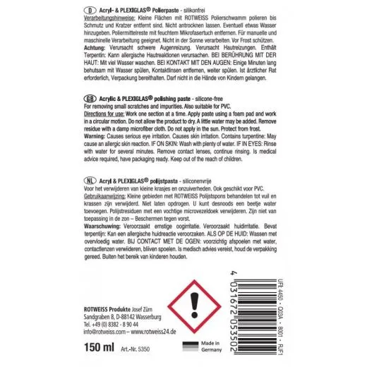 ROTWEISS Acryl- & PLEXIGLAS® Polierpaste 150ml | Kratzerentferner & Oberflächenaufbereitung