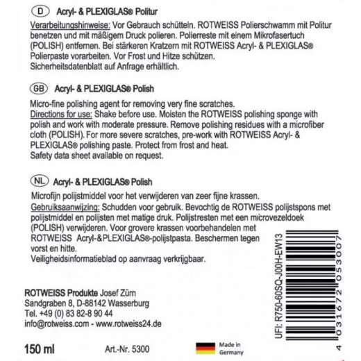 ROTWEISS Acryl- & PLEXIGLAS® Politur 150ml | Kratzerentfernung & Hochglanz