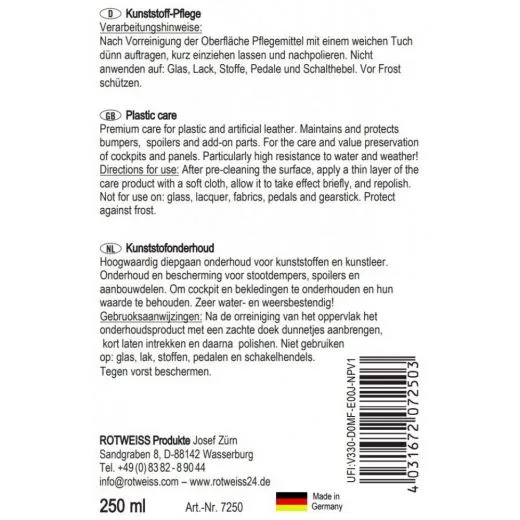 ROTWEISS Kunststoff-Pflege 250ml | Schutz & Pflege für Kunststoff & Kunstleder